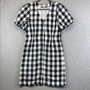 Loft sheath dress buffalo plaid full button down up puffed short sleeves size 4